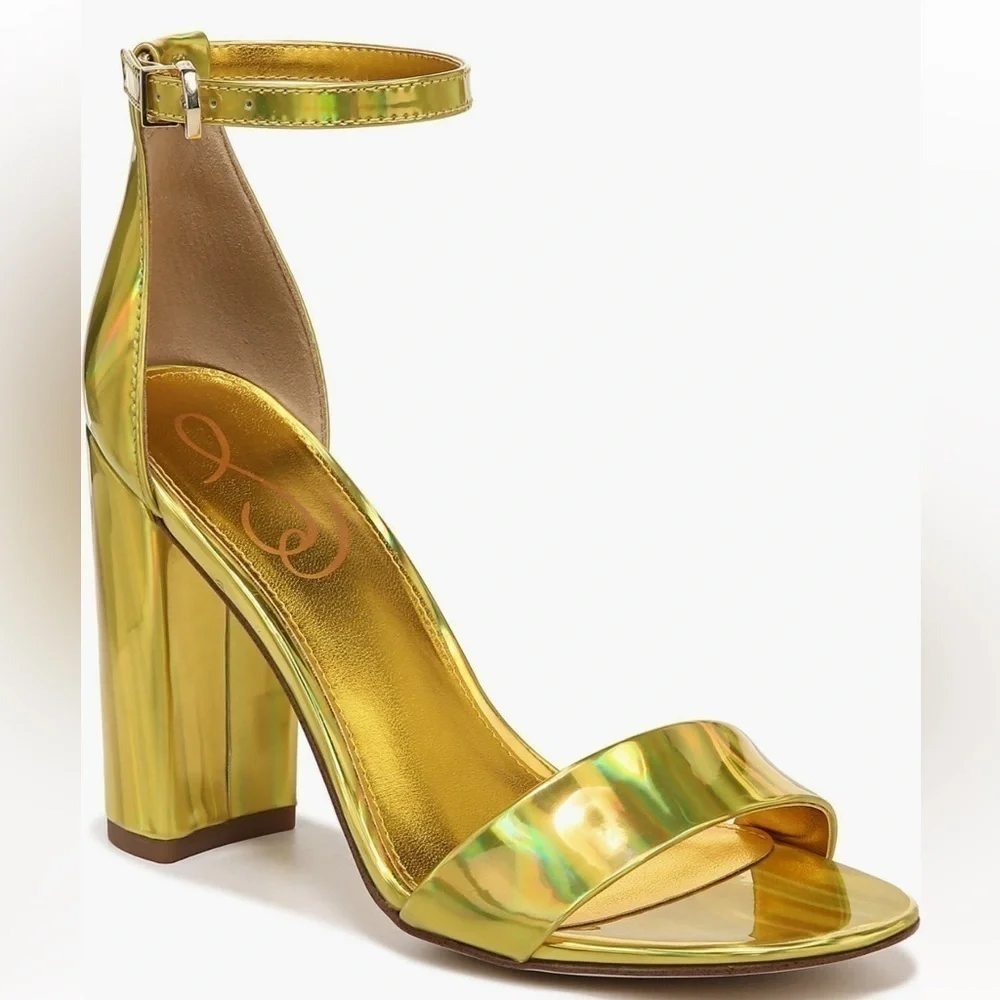New Sam Edelman Women’s Yaro Ankle Strap Block Heel Sandal in Mimosa Gold Size 8